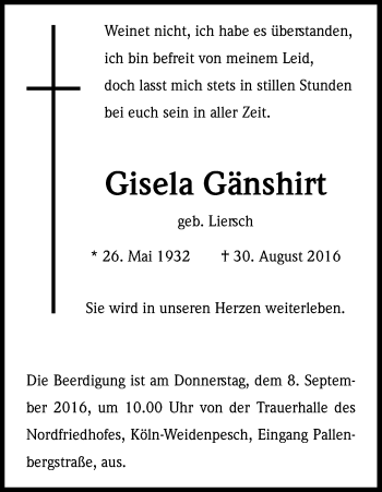 Anzeige von Gisela Gänshirt von Kölner Stadt-Anzeiger / Kölnische Rundschau / Express