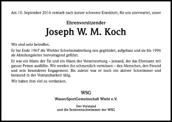 Anzeige von Joseph W. M. Koch von Kölner Stadt-Anzeiger / Kölnische Rundschau / Express