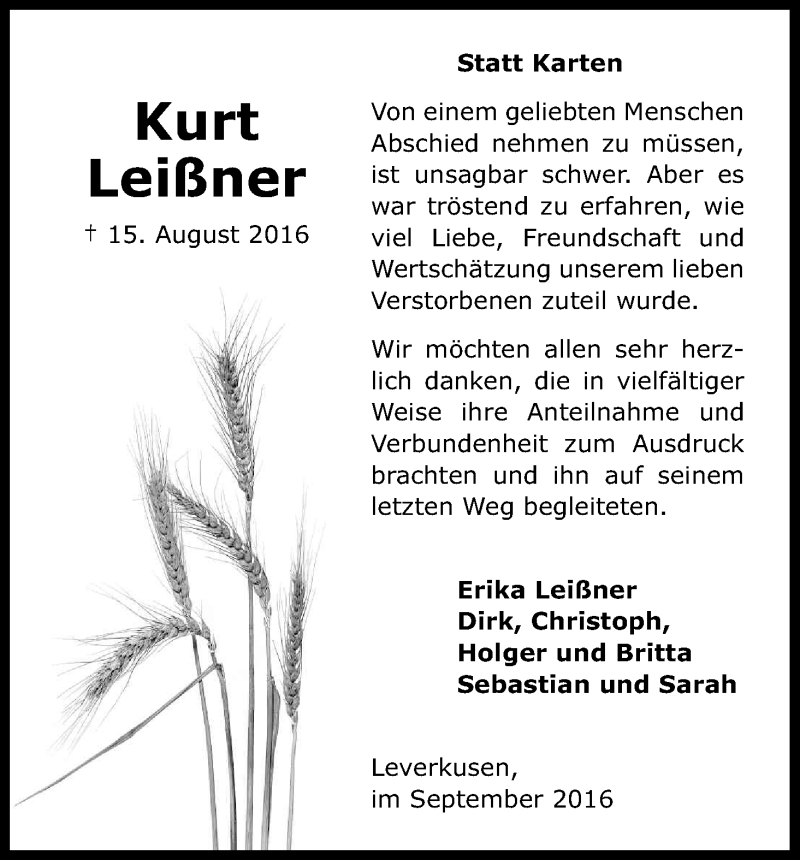  Traueranzeige für Kurt Leißner vom 24.09.2016 aus Kölner Stadt-Anzeiger / Kölnische Rundschau / Express