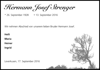Anzeige von Hermann Josef Strenger von Kölner Stadt-Anzeiger / Kölnische Rundschau / Express