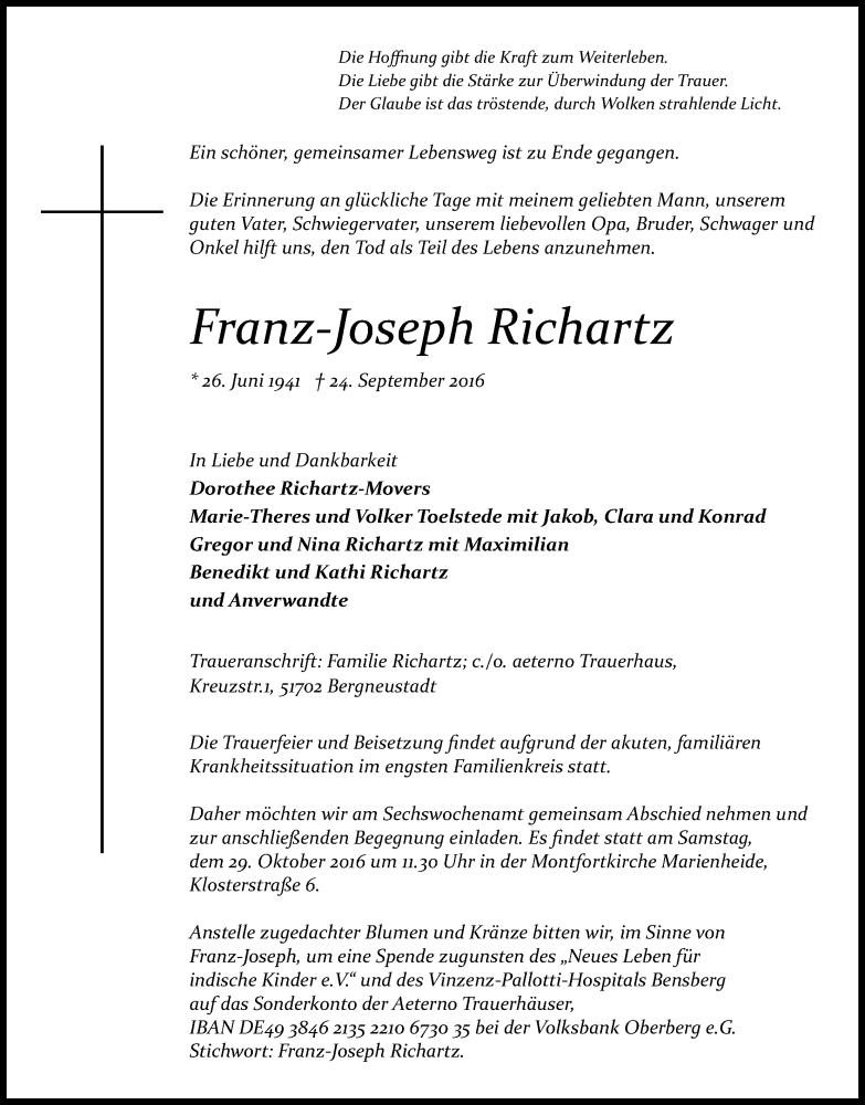  Traueranzeige für Franz-Joseph Richartz vom 01.10.2016 aus Kölner Stadt-Anzeiger / Kölnische Rundschau / Express
