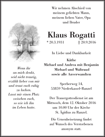 Anzeige von Klaus Rogatti von  Extra Blatt 