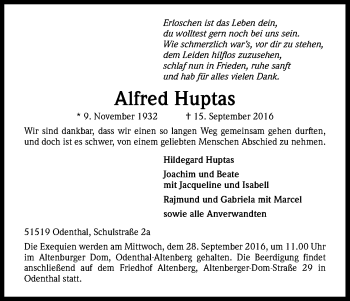 Anzeige von Alfred Huptas von Kölner Stadt-Anzeiger / Kölnische Rundschau / Express