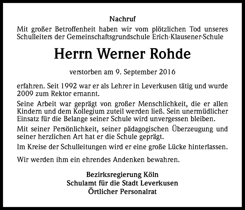  Traueranzeige für Werner Rohde vom 17.09.2016 aus Kölner Stadt-Anzeiger / Kölnische Rundschau / Express