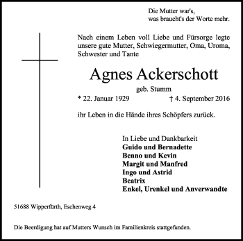 Anzeige von Agnes Ackerschott von Kölner Stadt-Anzeiger / Kölnische Rundschau / Express