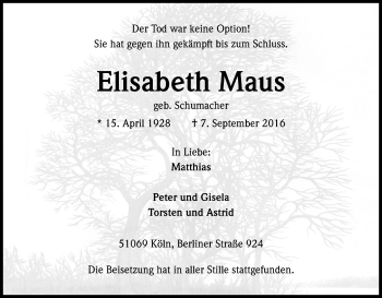 Anzeige von Elisabeth Maus von Kölner Stadt-Anzeiger / Kölnische Rundschau / Express