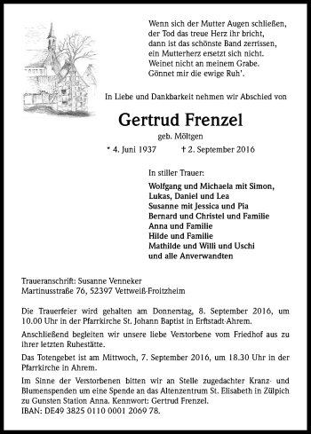 Anzeige von Gertrud Frenzel von Kölner Stadt-Anzeiger / Kölnische Rundschau / Express