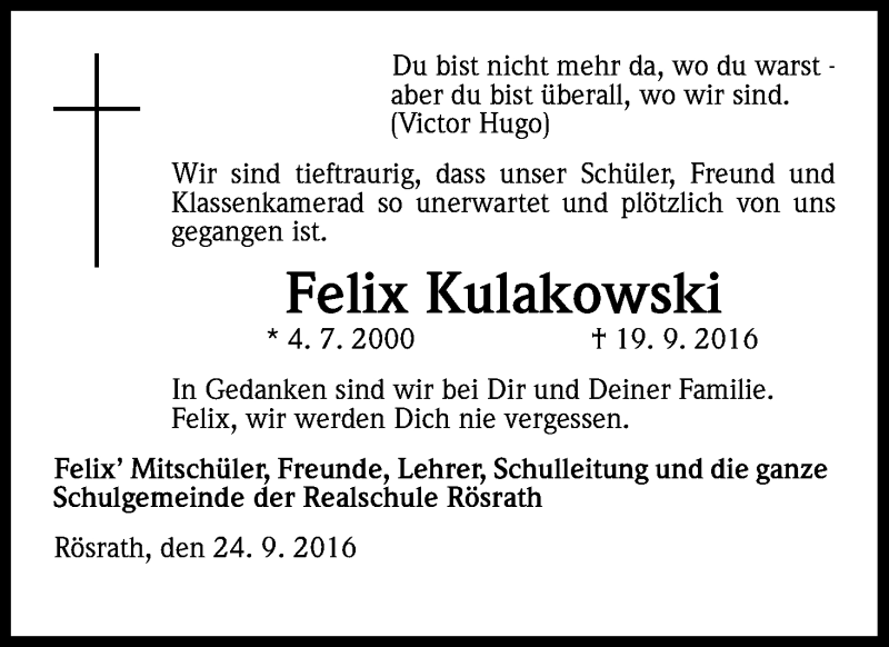  Traueranzeige für Felix Kulakowski vom 24.09.2016 aus Kölner Stadt-Anzeiger / Kölnische Rundschau / Express