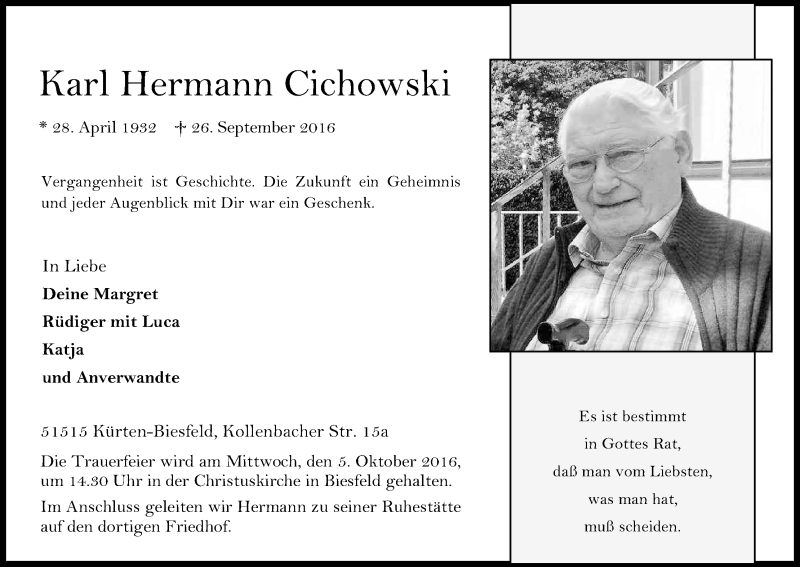  Traueranzeige für Karl Hermann Cichowski vom 01.10.2016 aus Kölner Stadt-Anzeiger / Kölnische Rundschau / Express