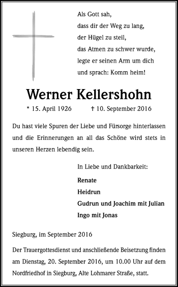 Anzeige von Werner Kellershohn von Kölner Stadt-Anzeiger / Kölnische Rundschau / Express