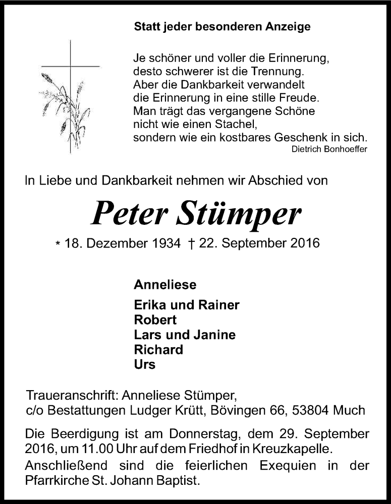  Traueranzeige für Peter Stümper vom 24.09.2016 aus Kölner Stadt-Anzeiger / Kölnische Rundschau / Express