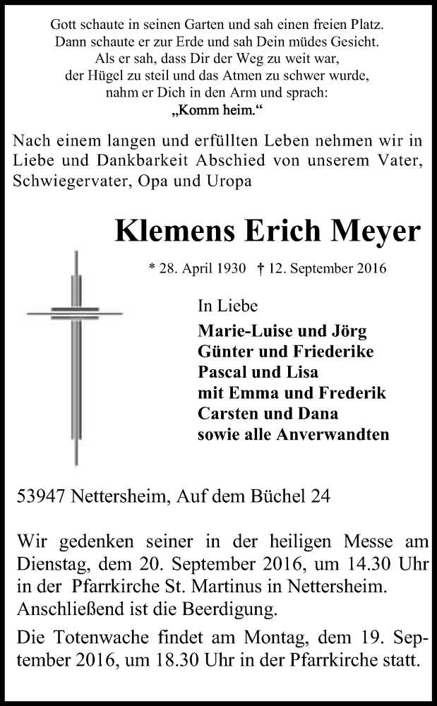  Traueranzeige für Klemens Erich Meyer vom 17.09.2016 aus Kölner Stadt-Anzeiger / Kölnische Rundschau / Express