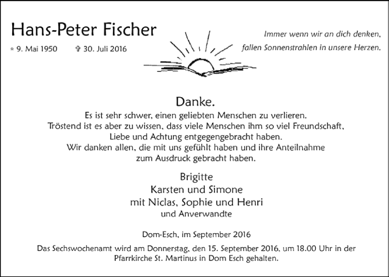  Traueranzeige für Hans-Peter Fischer vom 10.09.2016 aus  Blickpunkt Euskirchen 