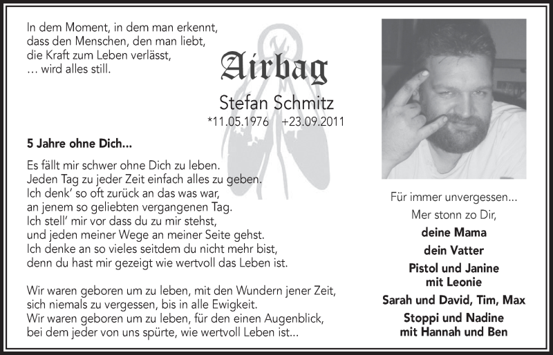  Traueranzeige für Stefan Schmitz vom 28.09.2016 aus  Anzeigen Echo 