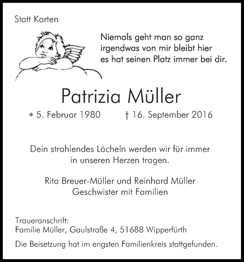 Traueranzeige für Patrizia Müller vom 01.10.2016 aus Kölner Stadt-Anzeiger / Kölnische Rundschau / Express