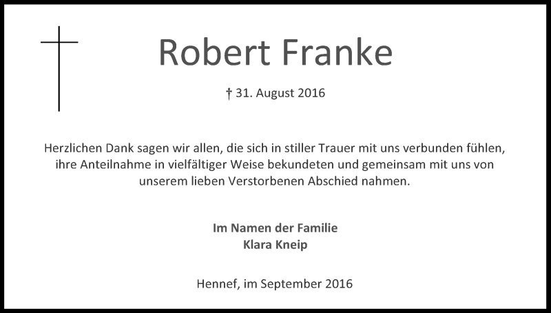  Traueranzeige für Robert Franke vom 17.09.2016 aus Kölner Stadt-Anzeiger / Kölnische Rundschau / Express
