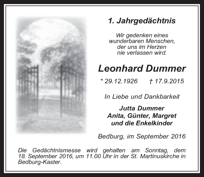 Traueranzeige für Leonhard Dummer vom 14.09.2016 aus  Werbepost 