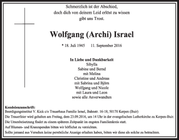 Anzeige von Wolfgang Archi Israel von  Sonntags-Post 