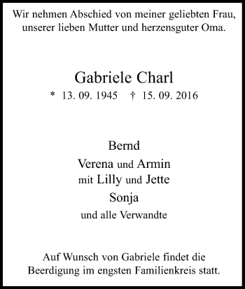 Anzeige von Gabriele Charl von Kölner Stadt-Anzeiger / Kölnische Rundschau / Express