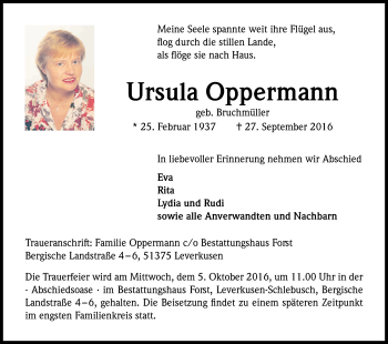 Anzeige von Ursula Oppermann von Kölner Stadt-Anzeiger / Kölnische Rundschau / Express