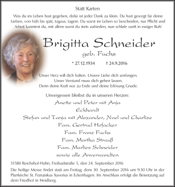 Anzeige von Brigitta Schneider von  Anzeigen Echo 