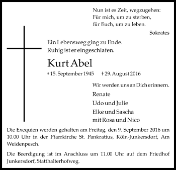 Anzeige von Kurt Abel von Kölner Stadt-Anzeiger / Kölnische Rundschau / Express
