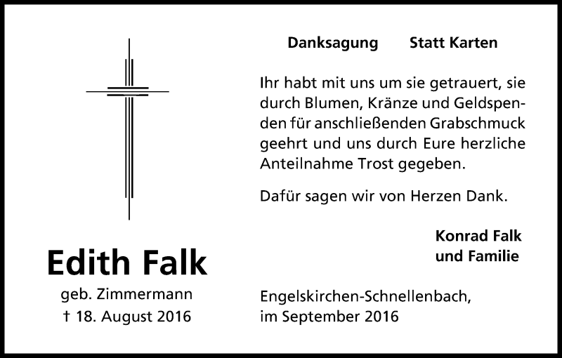  Traueranzeige für Edith Falk vom 23.09.2016 aus Kölner Stadt-Anzeiger / Kölnische Rundschau / Express