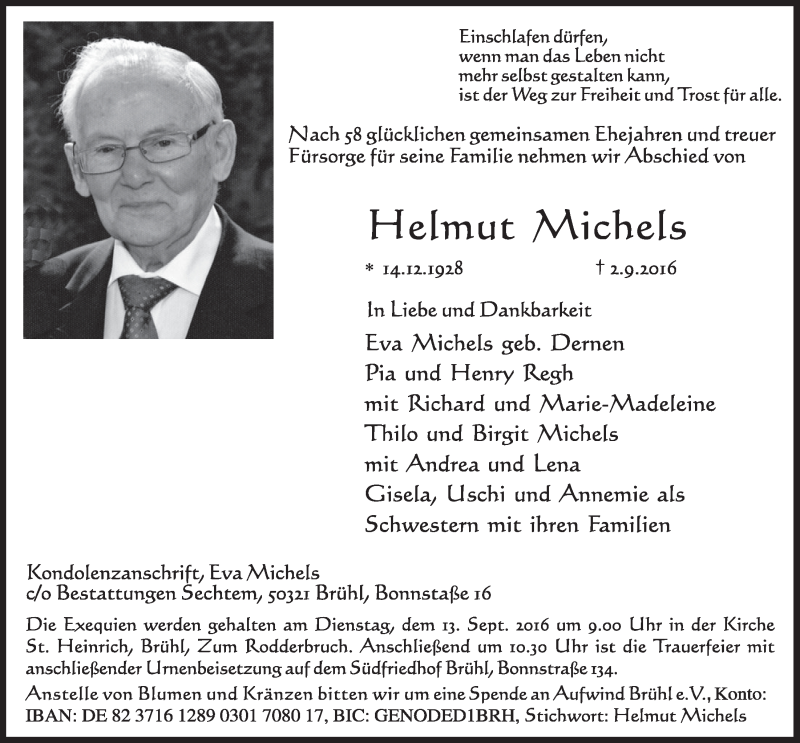  Traueranzeige für Helmut Michels vom 07.09.2016 aus  Schlossbote/Werbekurier 