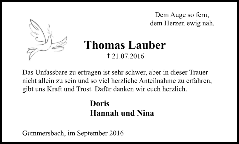  Traueranzeige für Thomas Lauber vom 24.09.2016 aus Kölner Stadt-Anzeiger / Kölnische Rundschau / Express