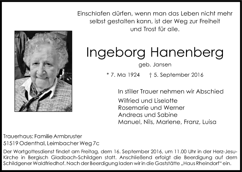  Traueranzeige für Ingeborg Hanenberg vom 10.09.2016 aus Kölner Stadt-Anzeiger / Kölnische Rundschau / Express