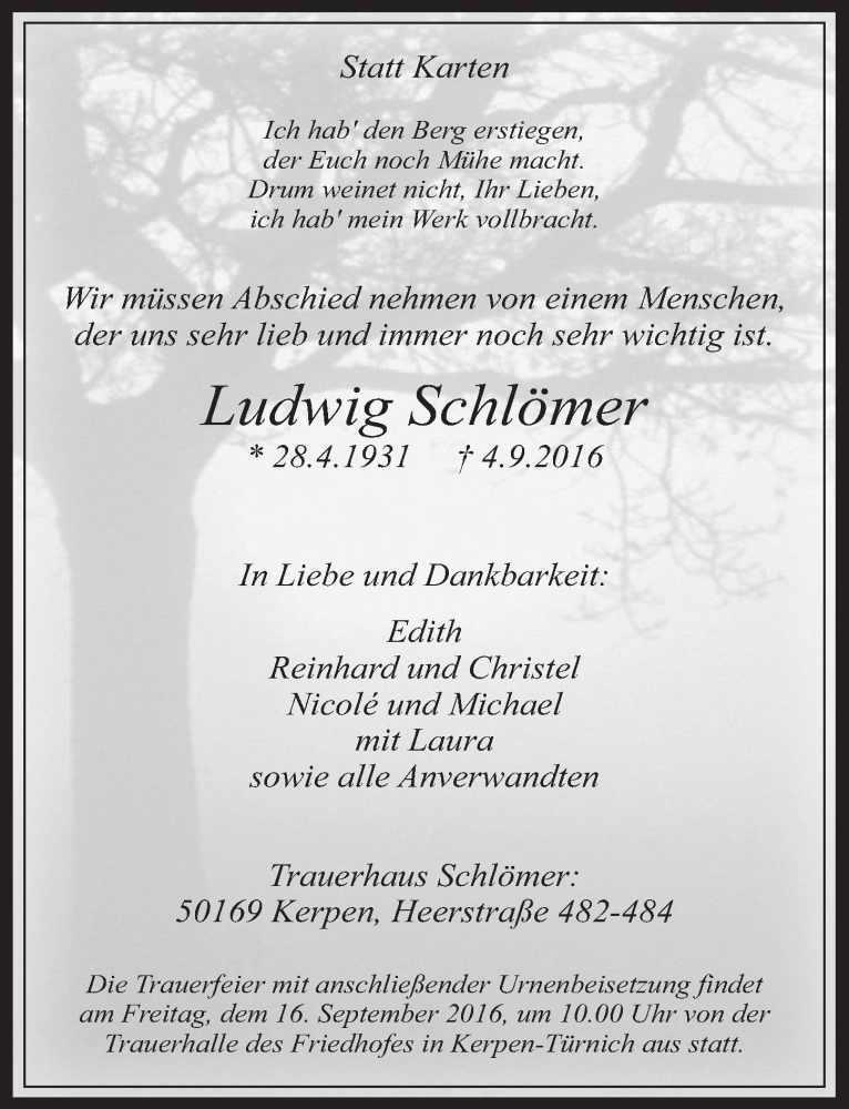  Traueranzeige für Ludwig Schlömer vom 14.09.2016 aus  Werbepost 