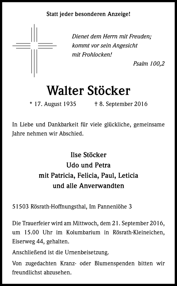  Traueranzeige für Walter Stöcker vom 17.09.2016 aus Kölner Stadt-Anzeiger / Kölnische Rundschau / Express