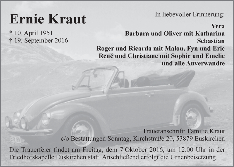  Traueranzeige für Ernie Kraut vom 01.10.2016 aus  Blickpunkt Euskirchen 