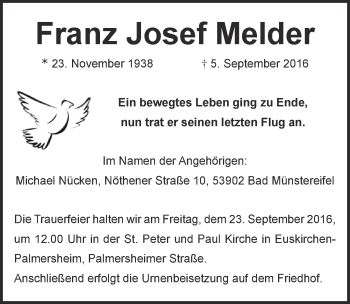 Anzeige von Franz Josef Melder von  Sonntags-Post 