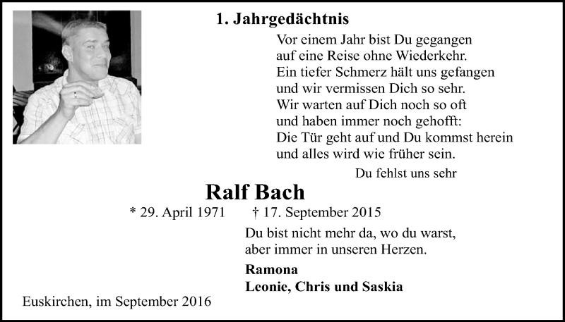  Traueranzeige für Ralf Bach vom 17.09.2016 aus  Blickpunkt Euskirchen 
