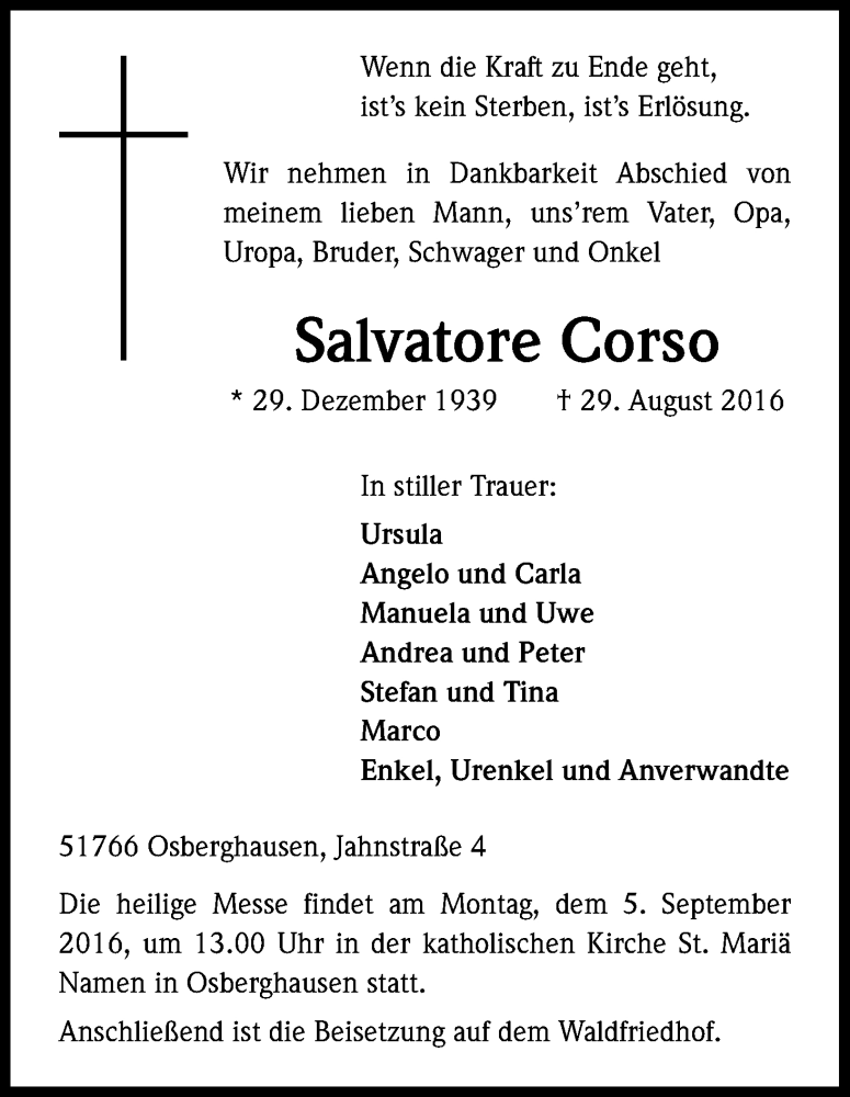  Traueranzeige für Salvatore Corso vom 02.09.2016 aus Kölner Stadt-Anzeiger / Kölnische Rundschau / Express