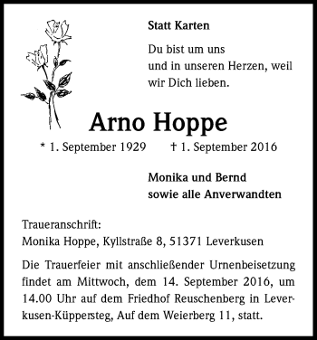 Anzeige von Arno Hoppe von Kölner Stadt-Anzeiger / Kölnische Rundschau / Express