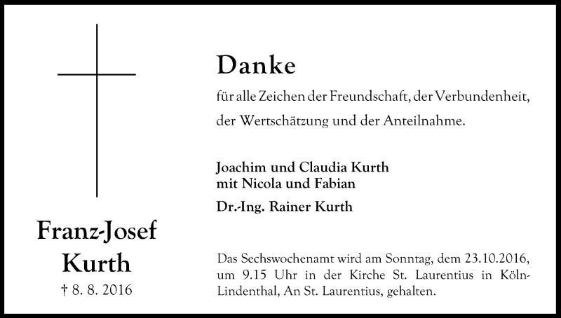  Traueranzeige für Franz-Josef Kurth vom 01.10.2016 aus Kölner Stadt-Anzeiger / Kölnische Rundschau / Express