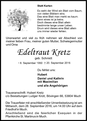 Anzeige von Edeltraut Kretz von Kölner Stadt-Anzeiger / Kölnische Rundschau / Express