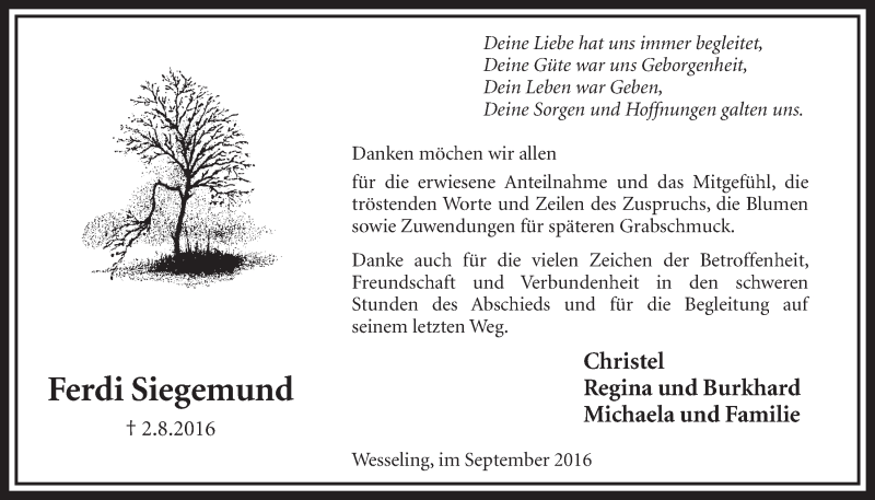  Traueranzeige für Ferdi Siegemund vom 28.09.2016 aus  Schlossbote/Werbekurier 