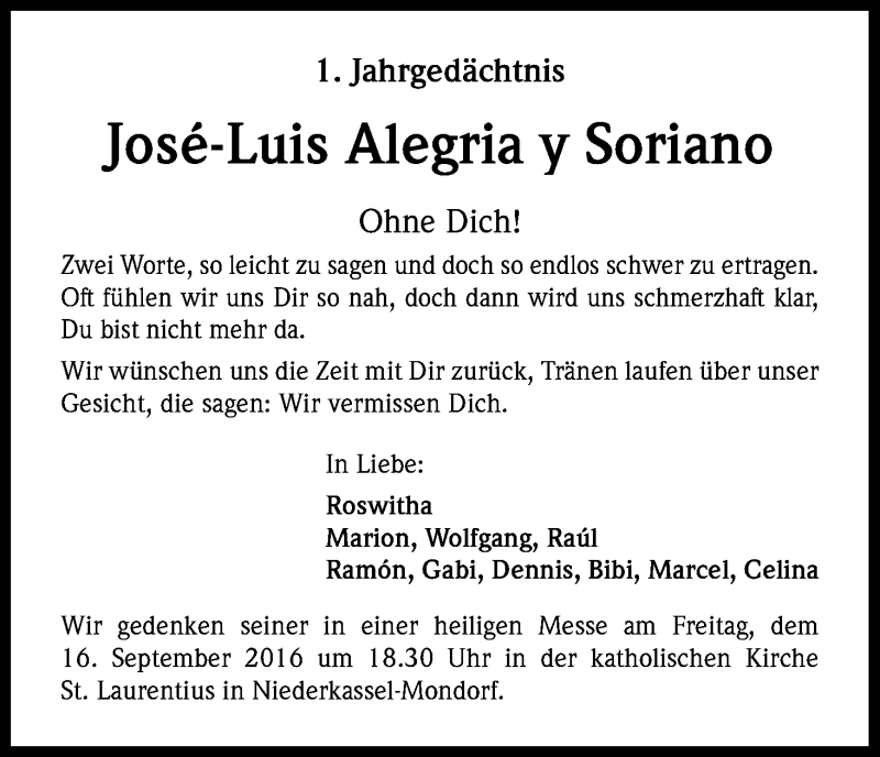  Traueranzeige für José-Luis Alegria y Soriano vom 14.09.2016 aus Kölner Stadt-Anzeiger / Kölnische Rundschau / Express