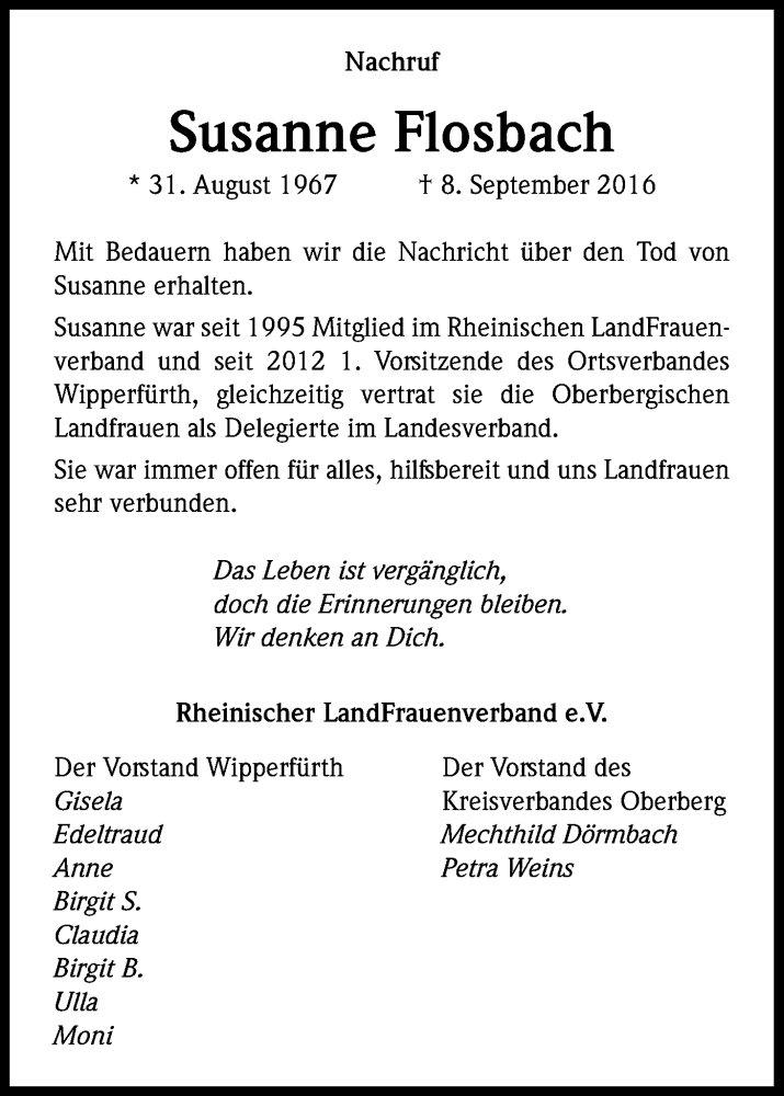  Traueranzeige für Susanne Flosbach vom 14.09.2016 aus Kölner Stadt-Anzeiger / Kölnische Rundschau / Express
