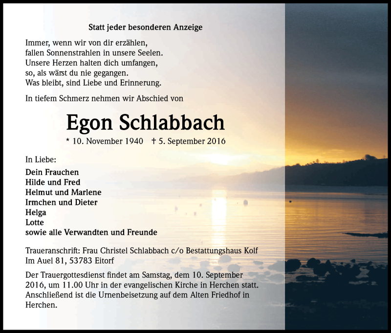  Traueranzeige für Egon Schlabbach vom 07.09.2016 aus Kölner Stadt-Anzeiger / Kölnische Rundschau / Express