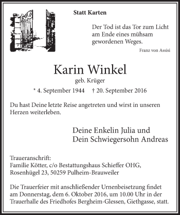 Anzeige von Karin Winkel von  Sonntags-Post 