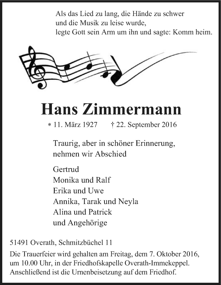  Traueranzeige für Hans Zimmermann vom 29.09.2016 aus Kölner Stadt-Anzeiger / Kölnische Rundschau / Express