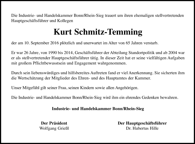  Traueranzeige für Kurt Schmitz-Temming vom 24.09.2016 aus Kölner Stadt-Anzeiger / Kölnische Rundschau / Express