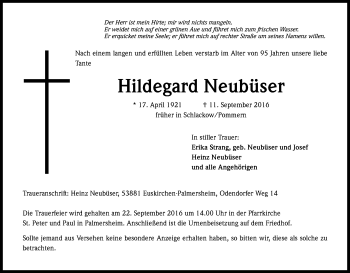 Anzeige von Hildegard Neubüser von Kölner Stadt-Anzeiger / Kölnische Rundschau / Express