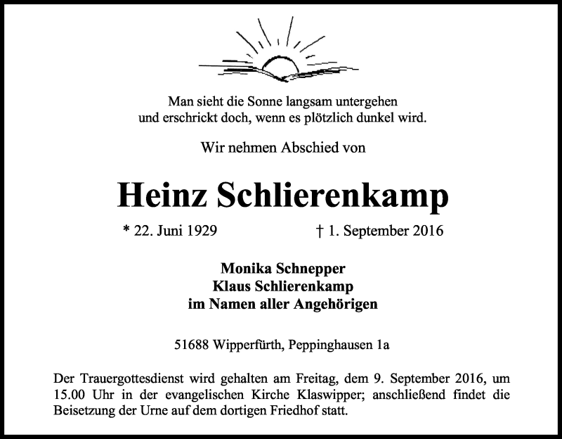  Traueranzeige für Heinz Schlierenkamp vom 07.09.2016 aus Kölner Stadt-Anzeiger / Kölnische Rundschau / Express