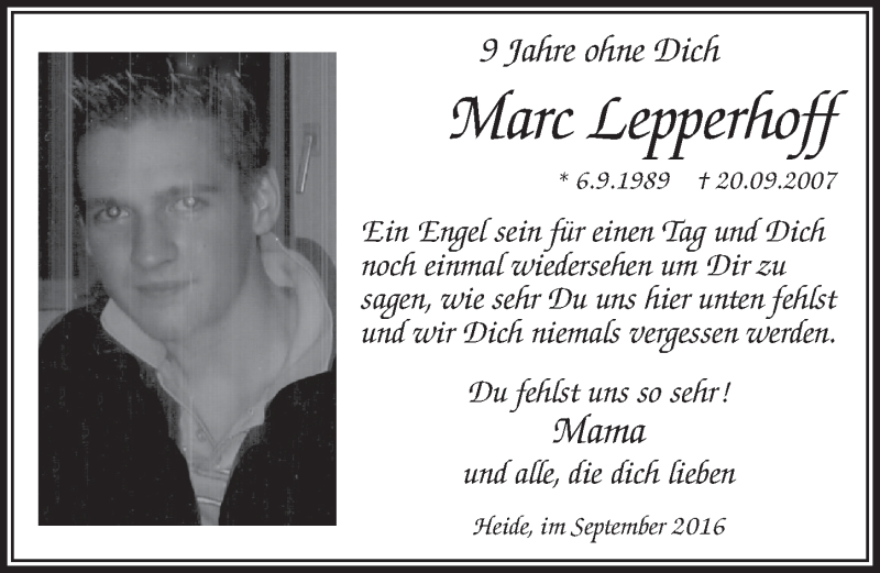  Traueranzeige für Marc Lepperhoff vom 14.09.2016 aus  Lokalanzeiger 