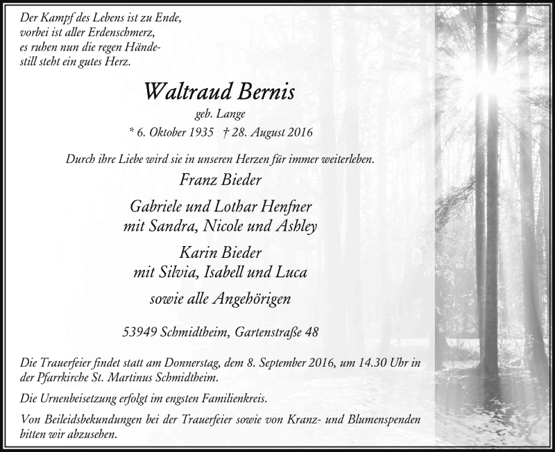  Traueranzeige für Waltraud Bernis vom 03.09.2016 aus Kölner Stadt-Anzeiger / Kölnische Rundschau / Express